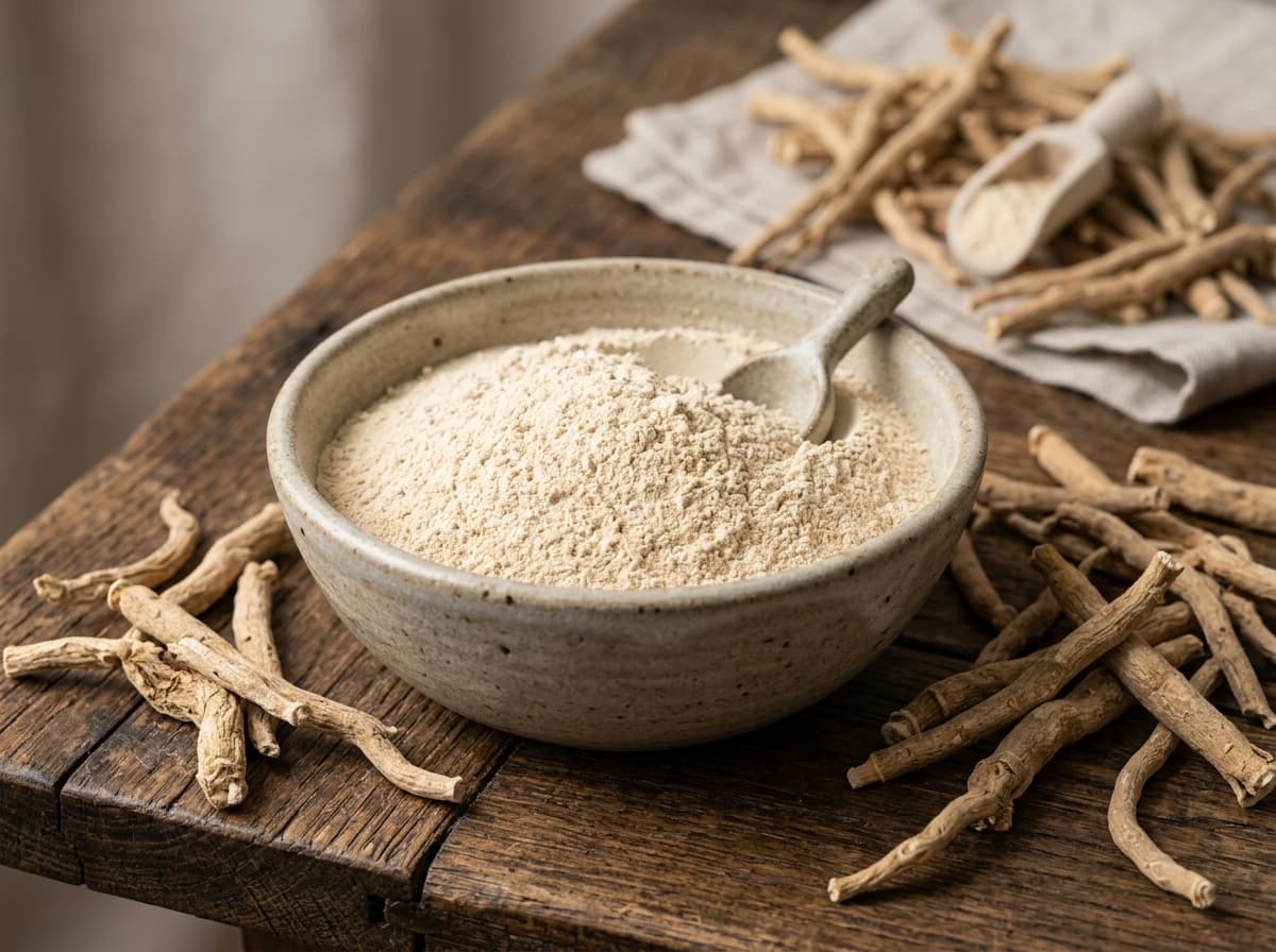 HD photograph of fine beige organic ashwagandha root powder and whole dried roots