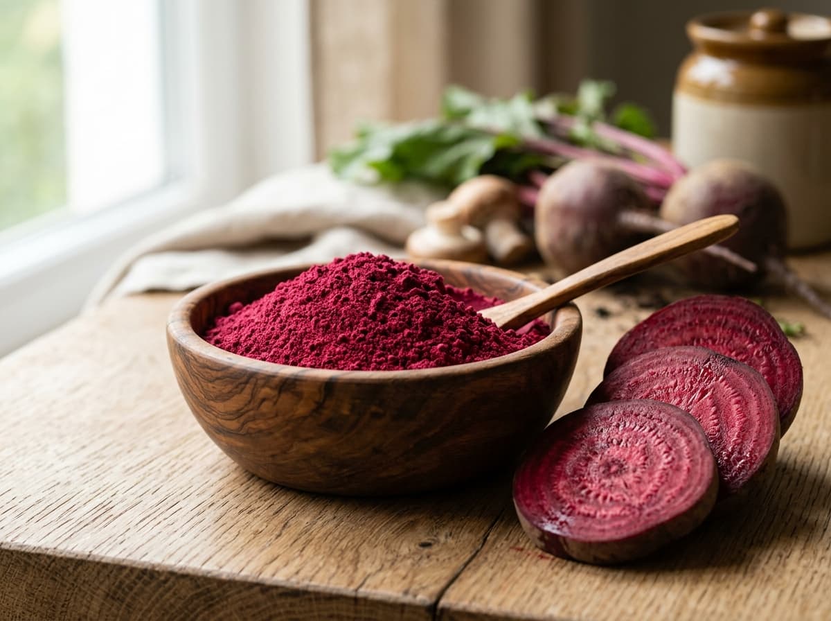 HD photograph of rich magenta beetroot powder in wooden bowl with fresh beet slices