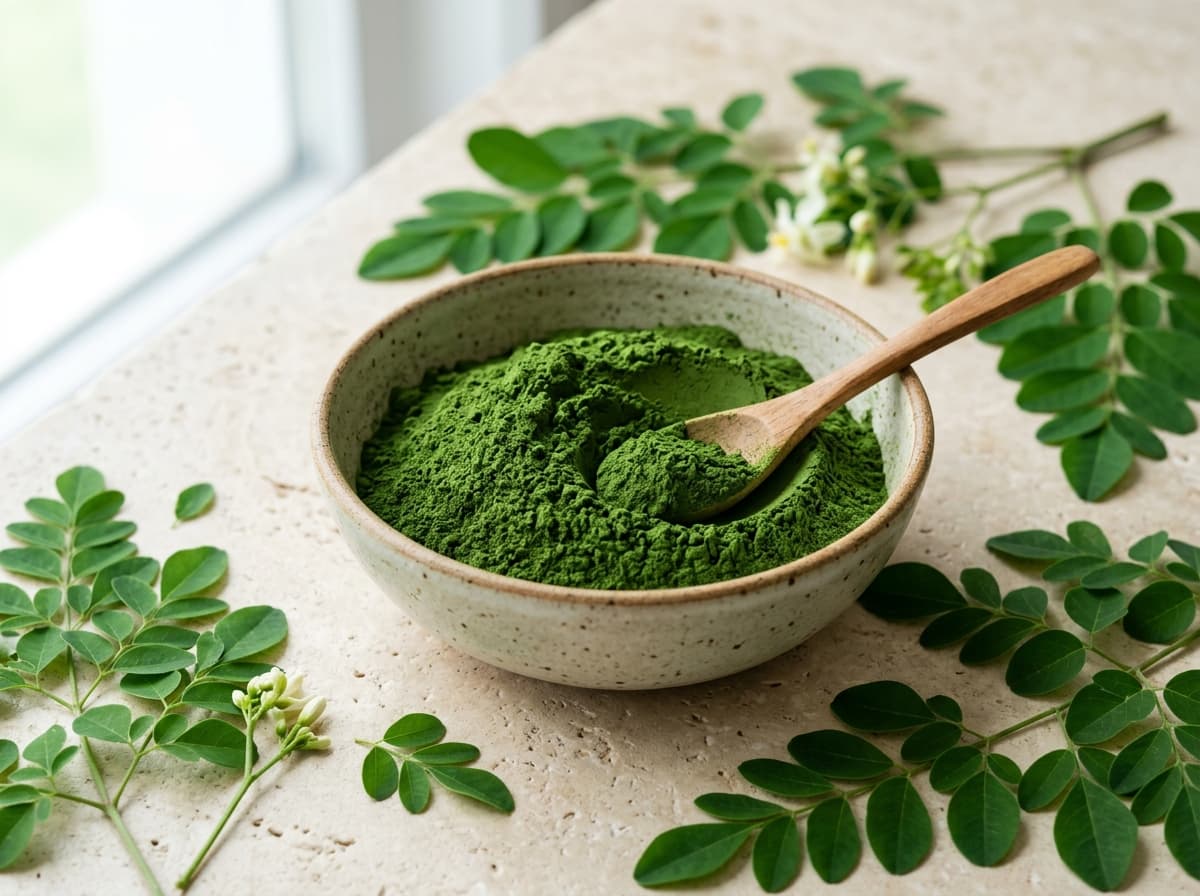 HD photograph of emerald green organic moringa powder and fresh leaves
