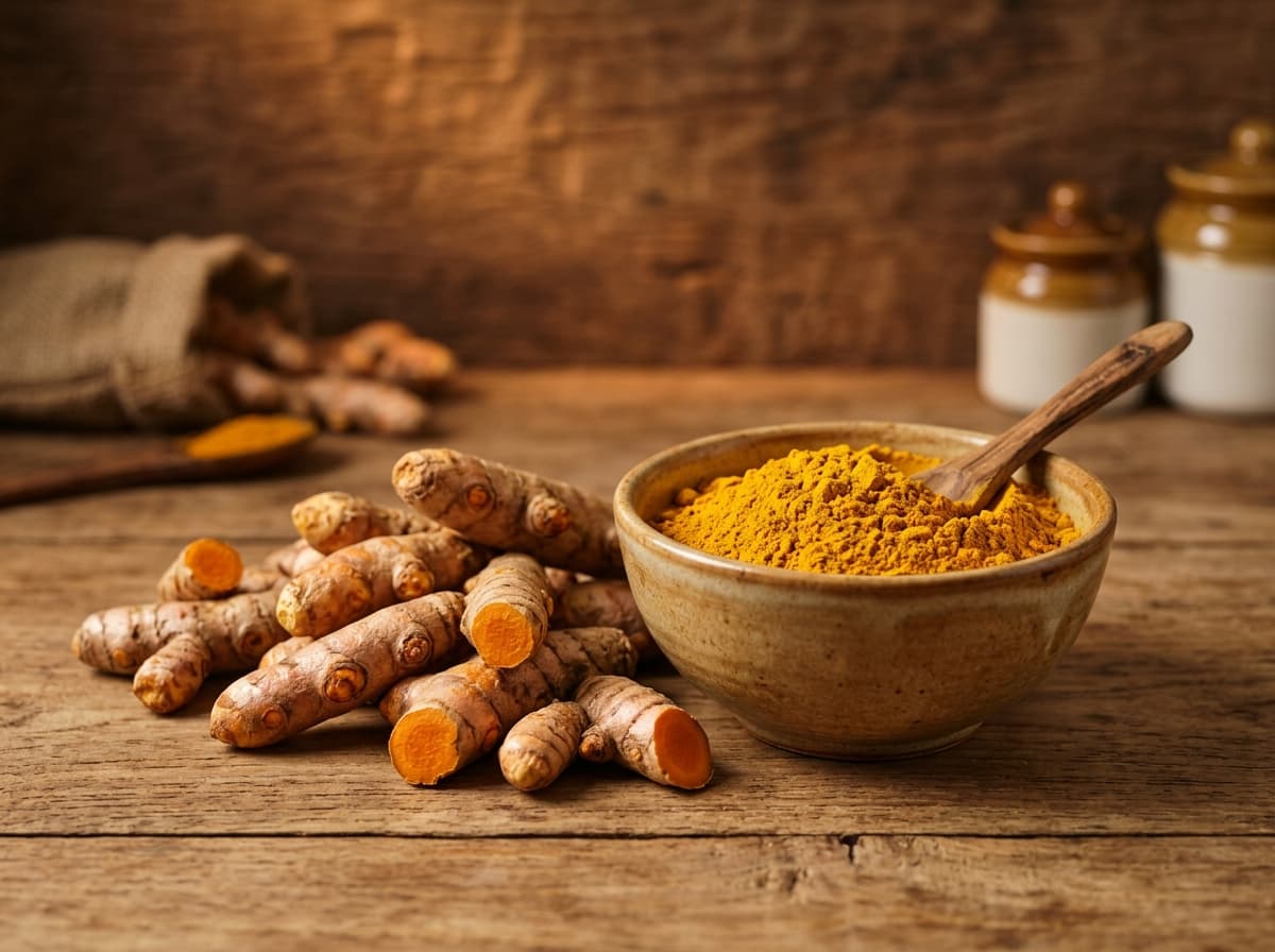 HD photograph of golden turmeric rhizome roots and vibrant turmeric powder in ceramic bowl